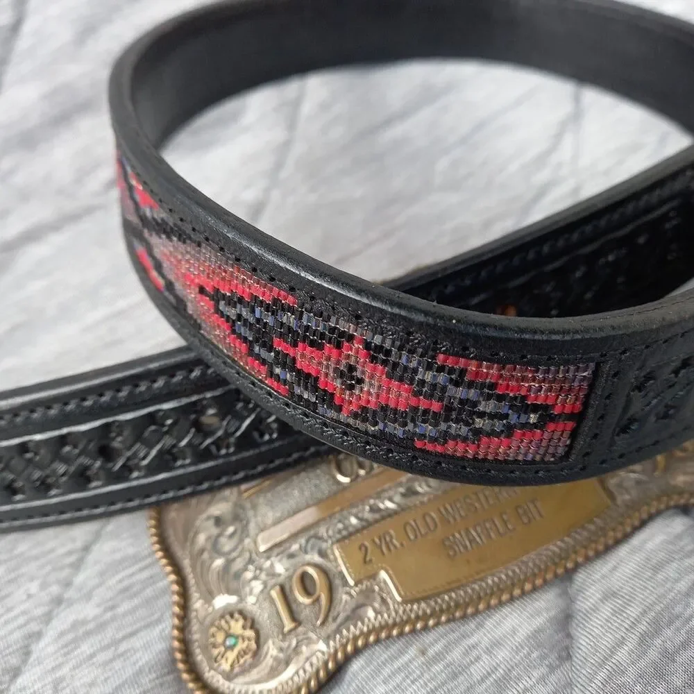 Custom Made Western Beaded Black Leather Belt Cowgirl Rodeo
